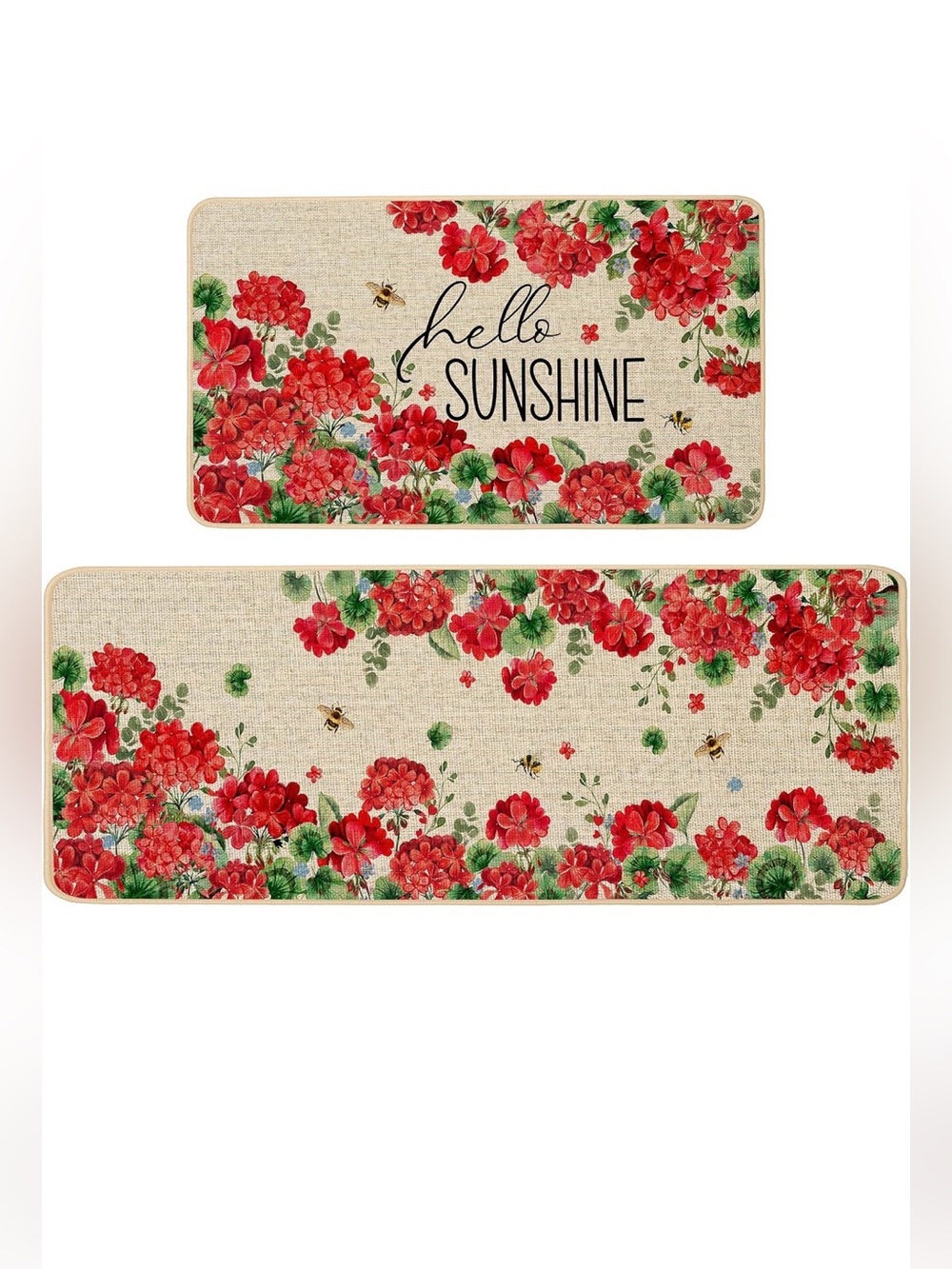 New Baccessor Summer Kitchen Mats Set of 2, Geranium Floral Bee Kitchen Rugs